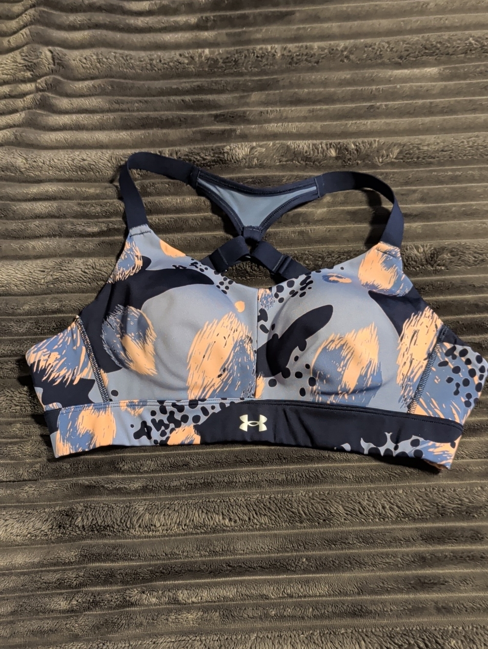 Under Armour Navy and Peach Abstract Print Fitted-Support Sports Bra